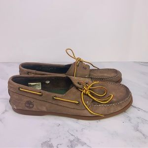 Timberland Leather Nubuck Boat Shoes Brown 2 Eye Slip Ons Moccasin Mens 9.5M